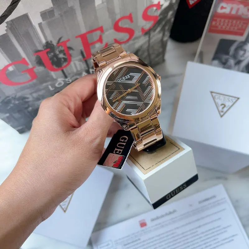 Guess Cubed Quartz Brown Dial Rose Gold-tone Ladies Watch- GW0607L3